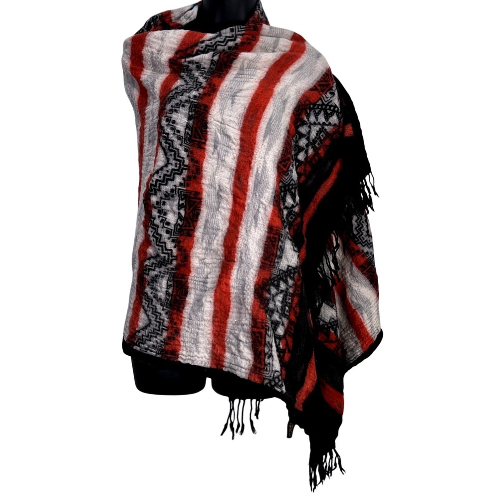 Dana Xu Shawl Women One Size‎ Red Grey Wool Tribal Striped Fringe Wrap Scarf